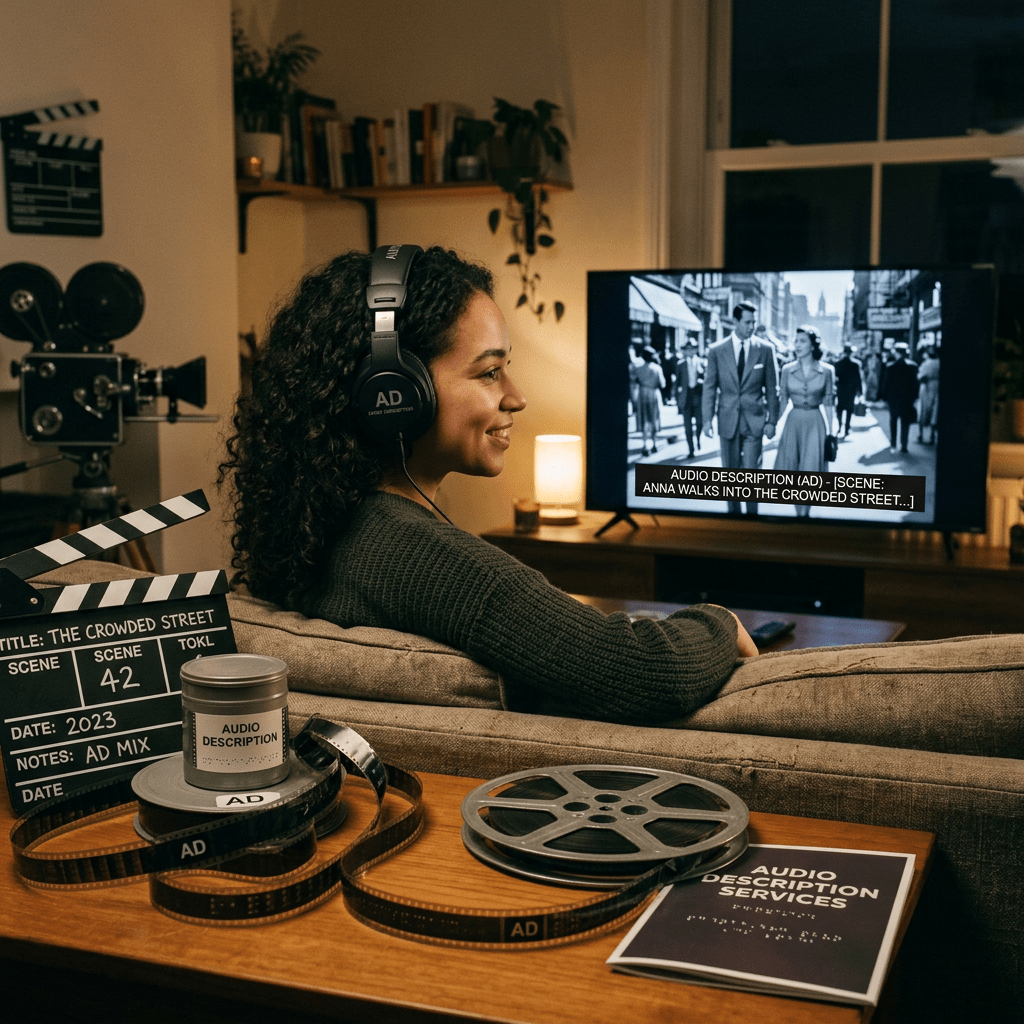 Woman wearing headphones watching black and white movie with audio description on TV