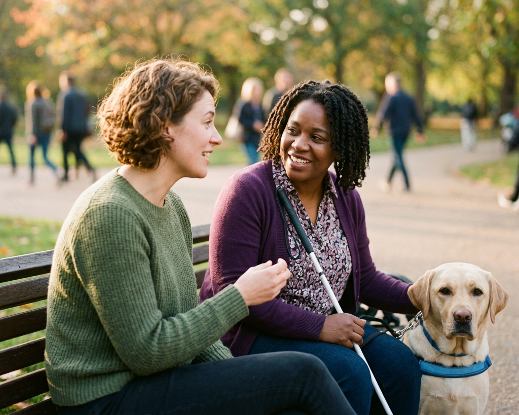 Two women sitting on a bench with a guide dog outside in a park