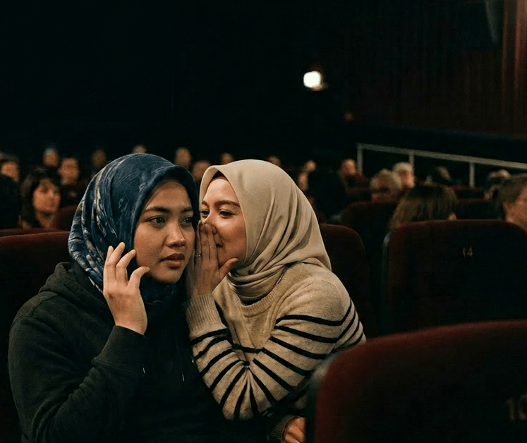 Woman whispering to a man with visual impairment in a cinema while a movie plays