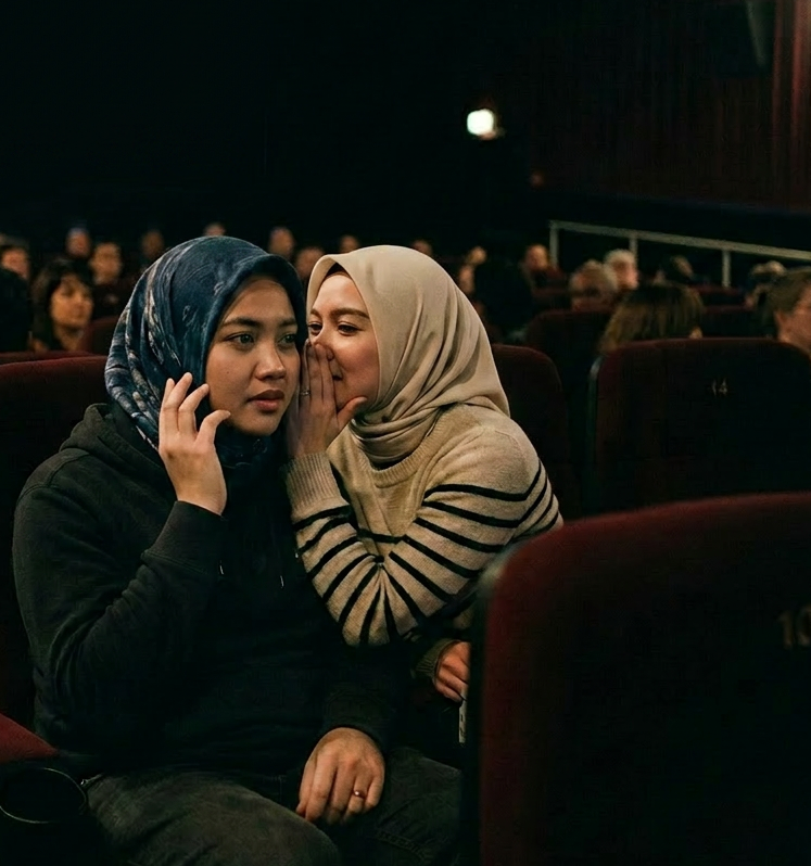 Woman whispering to a man with visual impairment in a cinema while a movie plays